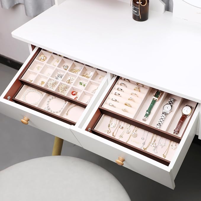 LANDICI Stackable Jewelry Organizer Trays 4 Set,PU Leather Jewelry Organizer Drawer,Jewelry Storage Display Tray for Earring Necklace Rings Bracelet with Removable Dividers,Coffee