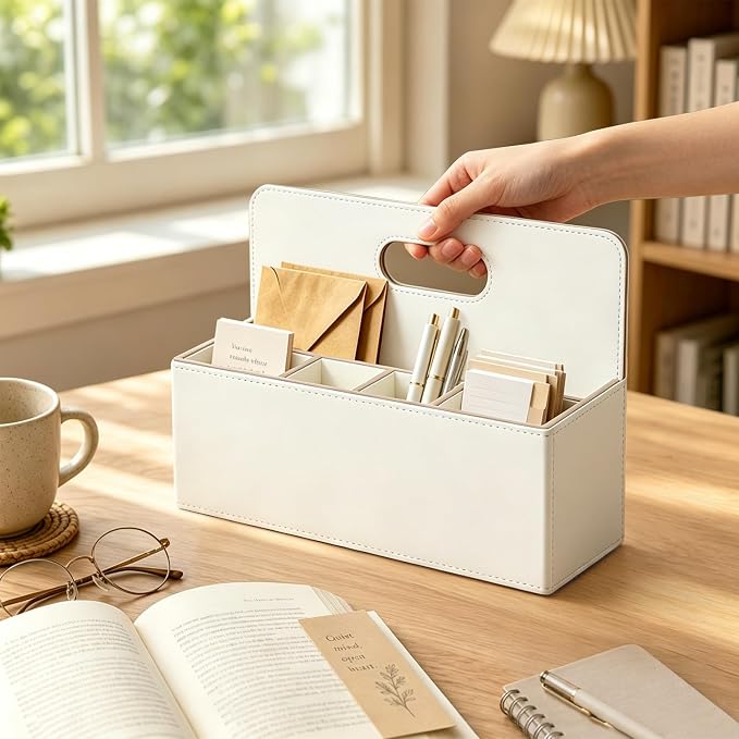 Mail Organizer Countertop, Pencil Holder, Office Supplies File Bill Sorter | PU Leather Aesthetic 5-Slot Desktop Storage box,Remote Caddy for Stationery,Glasses,Letter,Pen,Desk Accessories, Home Decor