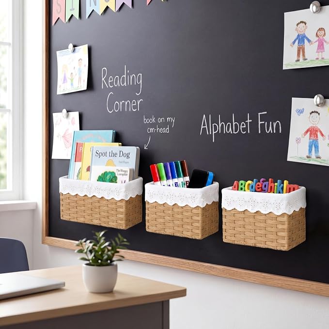 Colarr 3 Pcs Magnetic Rattan Pencil Holder Classroom Magnetic Desk Organizer, Woven Wicker Storage Containers Pen Holder for Refrigerator Whiteboard Home Office School Organizer Supply