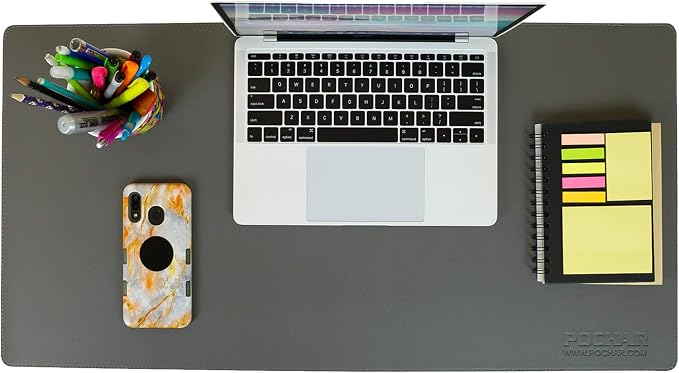 POCHAR Vegan Leather Desk Mat 31" x 16" - Desk Pad Protector for Desktop | Non-Slip PU Leather Dual-Sided Office Desk Blotter for Laptop Mouse Keyboard - Waterproof Writing Signing Pad, Gray