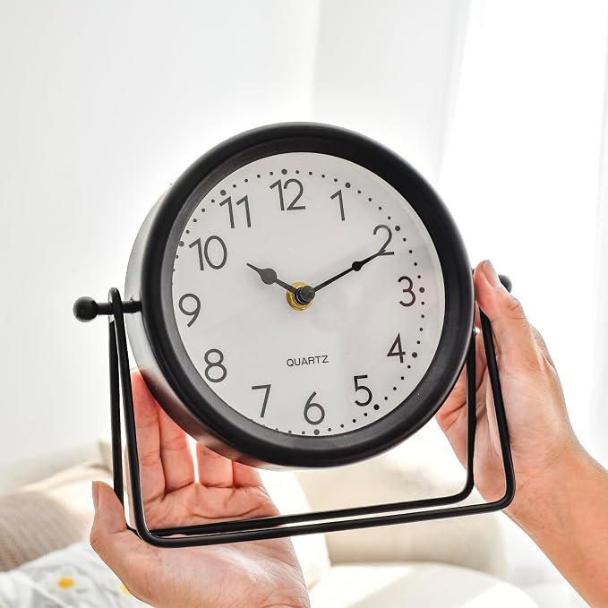 EMAX HOME Vintage Black Table Clock - Decorative Battery Operated Desk Clock with Stand, Silent Non-Ticking for Living Room Shelf Decor, 8.6 x 7.8 Inches