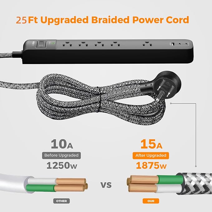 2 Pack Long Surge Protector Power Strip - 25ft Extension Cord with 5 Widely 3 USB (2 USB-C) Ports, Flat Plug, Desktop Charging Station for Home Office College Dorm Room Essentials