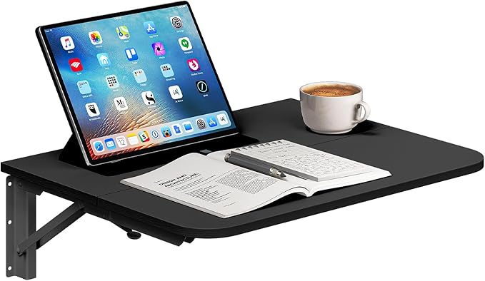 HOOBRO Folding Table, Wall Mounted Floating Desk with Iron Bracket, Drop Leaf Table for Small Spaces, Kitchen, Laundry Room, Home, Office, Black BK054BZ01