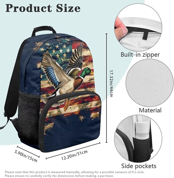 Duck Hunting Camo School Backpack for Boys Girls, American Flag Bookbag Set with Lunch Bag, Pencil Case & Bottle Holder, 4PCS 17 Inch Elementary Backpack for Kids Ages 6-8