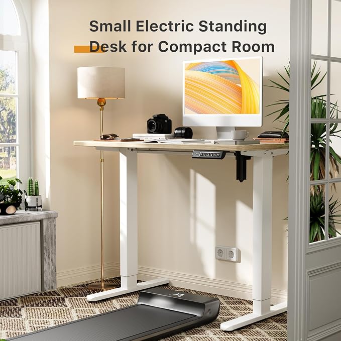 JOY worker Small Electric Sit Stand Desk, 40" Whole Piece Height Adjustable | 40" x 20" Light Walnut Compact Standing Desk with Memory Controller, Narrow Computer Workstation for Home Office Walking Pad