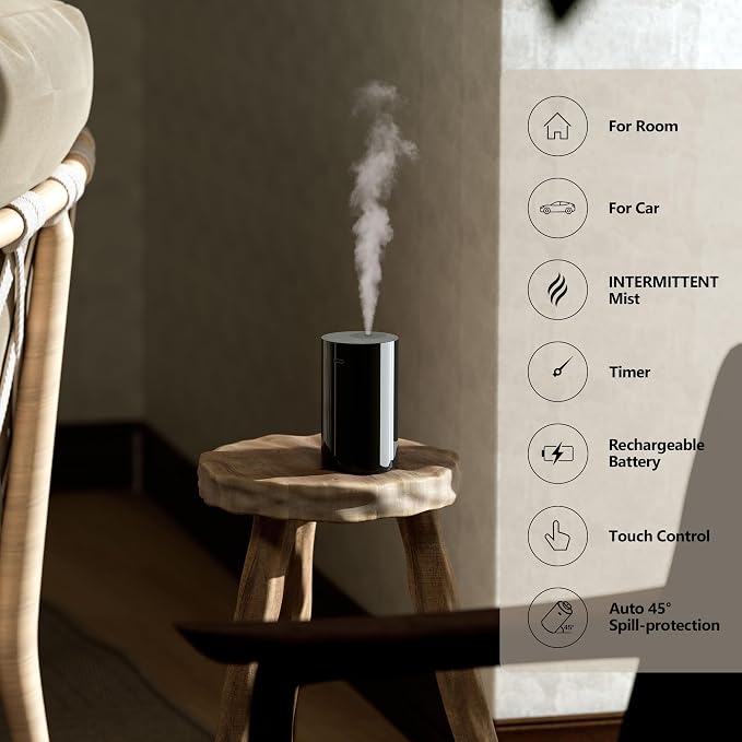 Waterless Diffuser for Essential Oil, Battery Operated Nebulizer, 0.7 Fl.Oz./ 20mL Capacity, Mini Scent Air Machine, 3 Countdown Timers & 3 Mist Levels for Home Room Car Office - AN8 Black 2Packs