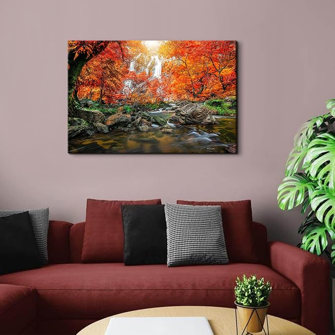 Waterfall Wall Art Sunset Nature River Landscape Picture Bedroom Decor 24x36" Autumn Forest Mountain Canvas Kitchen Modern Artwork Burnt Orange Maple Tree Scenery Painting Living Room Home Decoration
