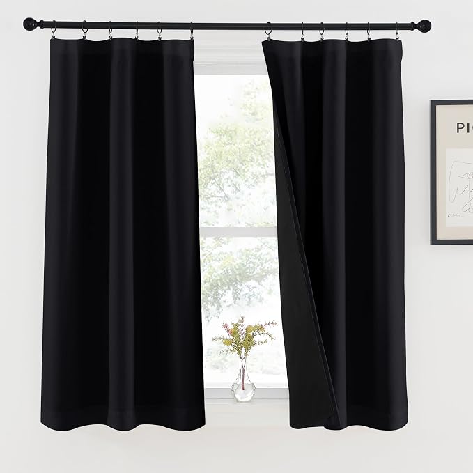 NICETOWN Black 100% Blackout Curtains 45 inches Long for Kitchen, Rod Pocket Basement Completely Blackout Window Treatment Thermal Insulated Lined Drapes for Small Window (1 Pair, 37" Width per Panel)