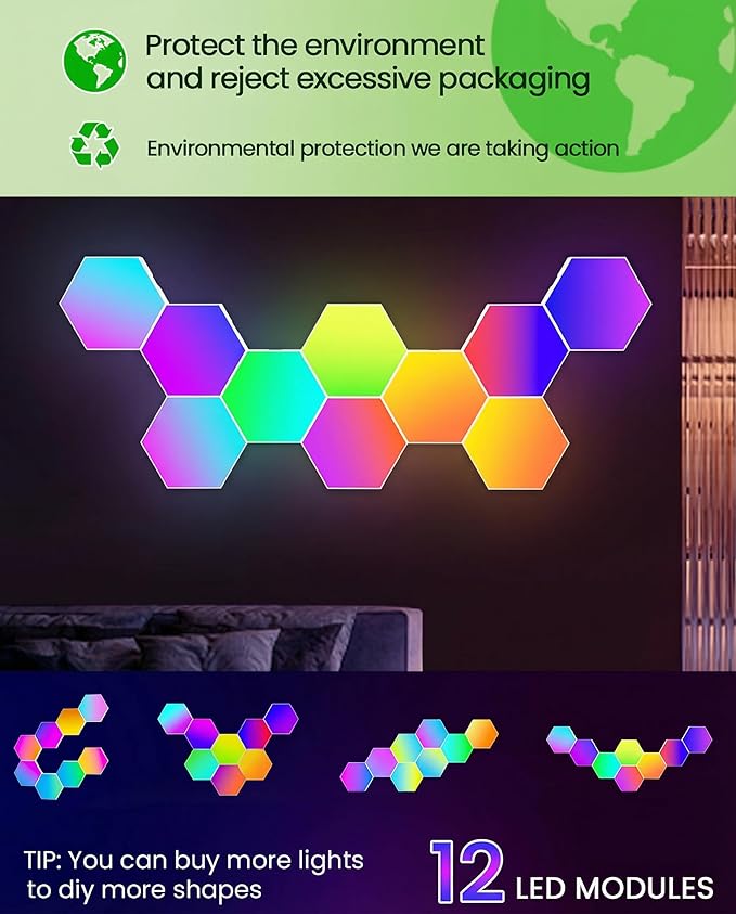 Hexagon LED Lights Wall,RGB Lights with APP/Remote & Music Sync,DIY Modular & Gaming Room Decor,Tap Wall LED Panels for Bedroom (12-Pack)