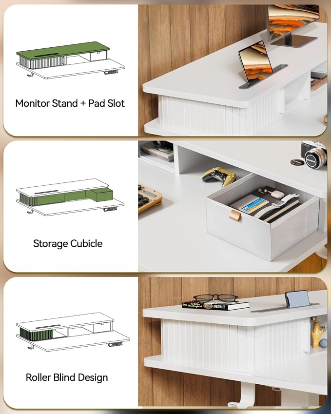 JOY worker 35" Small Electric Standing Desk with Monitor Stand & Storage | White 35" x 25" Height Adjustable Desk for Tight Space, Shutter Door & Drawer, Sit Stand Table with 2 Hooks for Home Office