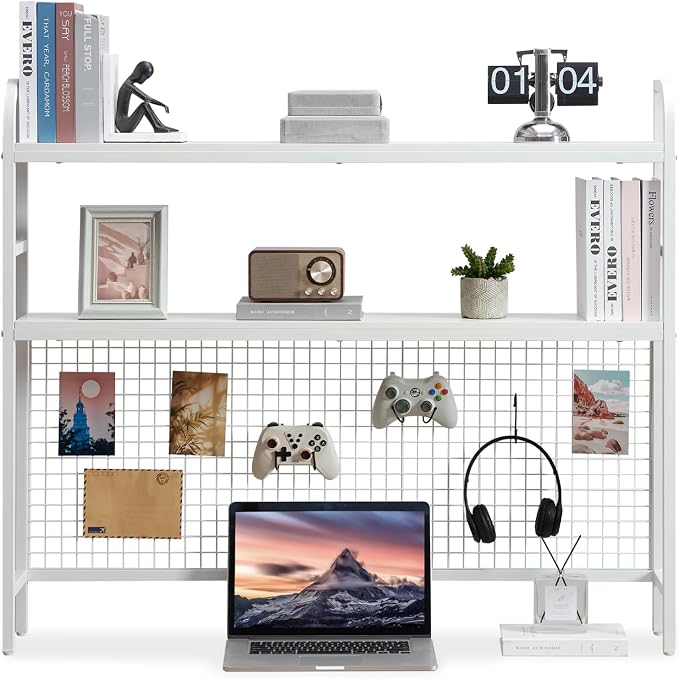 Desk Shelf, 45.3” Desktop Organizer Shelf with Grid Panel and Hooks, Desk Hutch for Computer Monitor, 2 Tier Desk Display Rack Wood Desktop Bookshelf Storage for Home Office Dorm