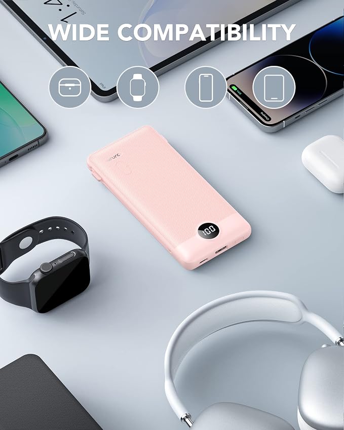 VRURC Portable Charger Built-in Cables and AC Wall Plug,Power Bank 10000mAh | Travel Essentials Phone Charger Compact Lightweight External Battery Pack For Smart Phones, Tablets etc-Pink