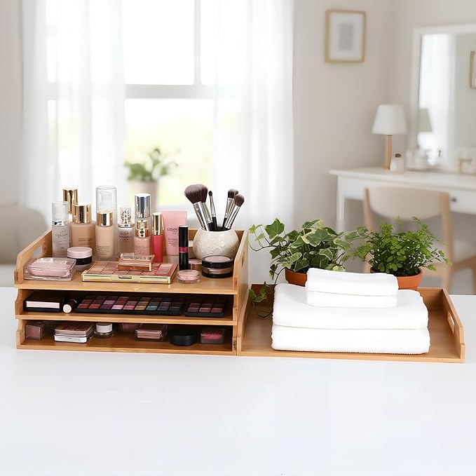 4 Pcs Stackable Paper Tray Bamboo Wood Desk Organizer Letter Tray 4 Tier Wooden File Organizer Desk Shelf for Documents, Letter Sorter, Envelopes and Magazine Holder