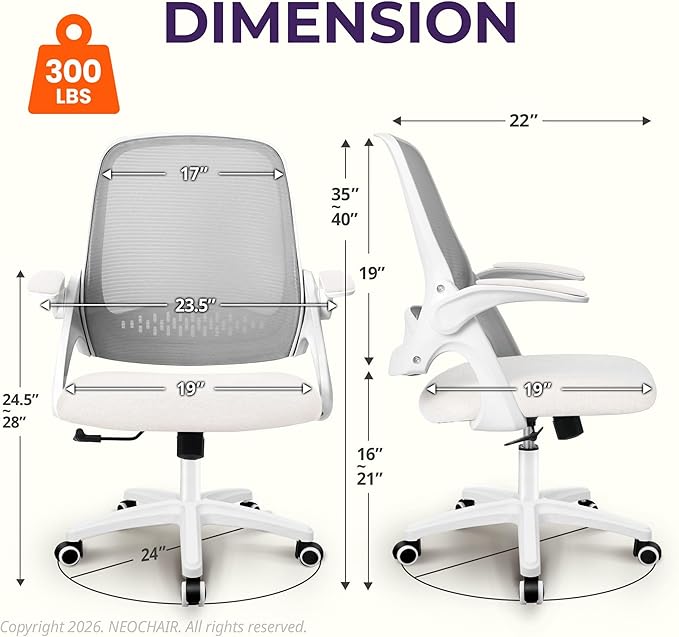 NEO CHAIR Office Desk Gaming Ergonomic Computer Chair with Lumbar Back Support Adjustable Height Swivel Rolling Wheels Flip-up Arms Mesh Chair for Home Vanity (Ivory)