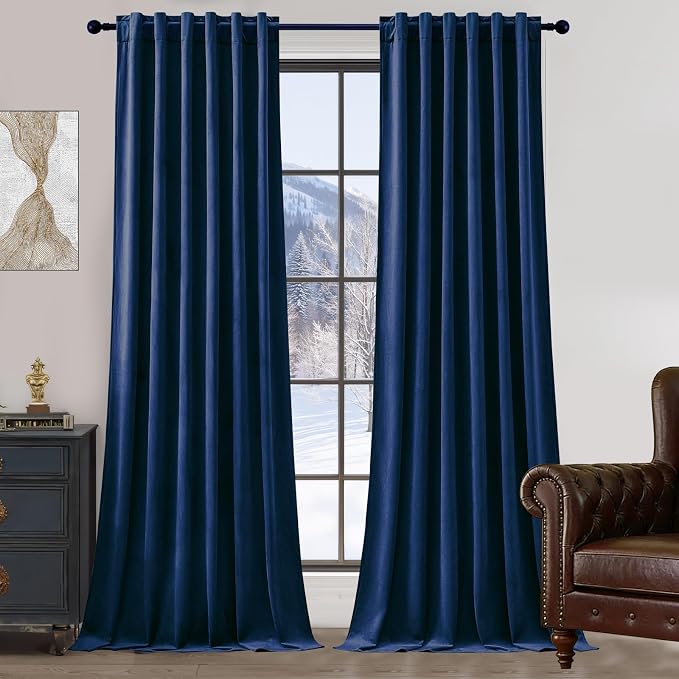 108 Inch Extra Long Blackout Velvet Curtains for Bedroom Living Room, Thermal Insulated Room Darkening Curtain Super Soft Luxury Drapes, Back Tab & Rod Pocket, W52 x L108, Navy Blue, 2 Panels