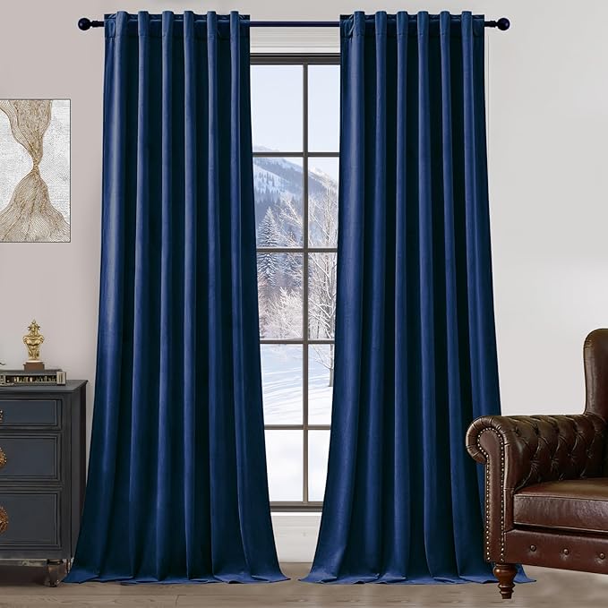 Navy Blue Velvet Blackout Curtains 84 Inches, Luxury Soundproof Thermal Insulated Super Soft Curtain Room Darkening Drapes with Back Tab Rod Pocket for Bedroom Living Room, W52 x L84, 2 Panels