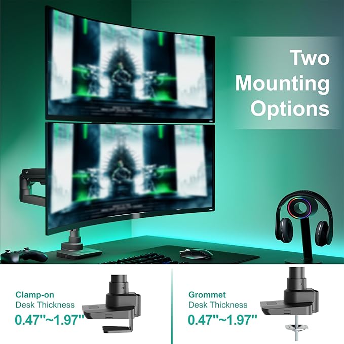 WALI Vertical Dual Monitor Stand for 13-49 inch Curved Screens, Ultrawide Dual Monitor Arms up to 44lbs, Stacked Monitor Mount for 2 Monitors, Heavy Duty Adjustable Gas Spring Arm (GSDM002N-P), Black