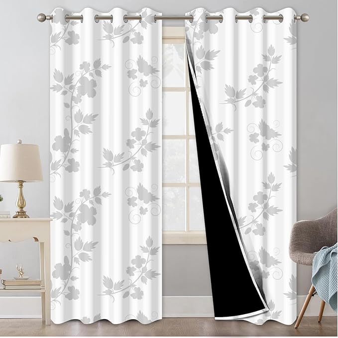 White Blackout Curtains 84 Inch Length 2 Panels Set, Light Grey Floral Thermal Insulated Window Black Out Bedroom Curtains, Soundproof Room Darkening Blackout Curtains for Bedroom and Living Room