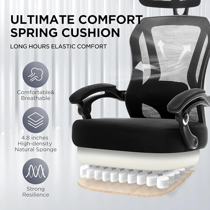 Ergonomic Office Chair with Footrest,Ultra Thick Desk Chair,Black | 150°Reclining,Mesh High Back,Adjustable 2D Lumbar Support and Headrest,4.8" Spring Cushion,Premium Computer Chair for Adults