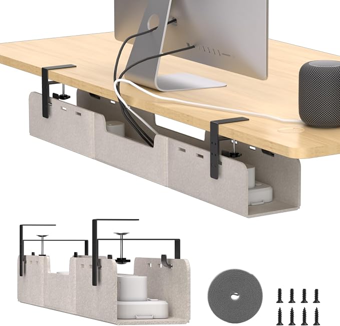 No-Drill Under Standing Desk Cable Management,31.5" L,Beige | Upgraded 0.25" Heavy-Duty Felt Cable Organizer,Desk Wire Management Tray with Clamp or Screw Mount, for Home Or Office