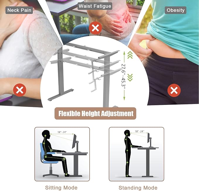 Tangkula Hand Crank Stand Up Desk Frame, Manual Height Adjustable Standing Workstation with Foldable Crank Handle, Cable Management Tray, Headphone Hook, Ergonomic Sit Stand Desk Frame for Home Office