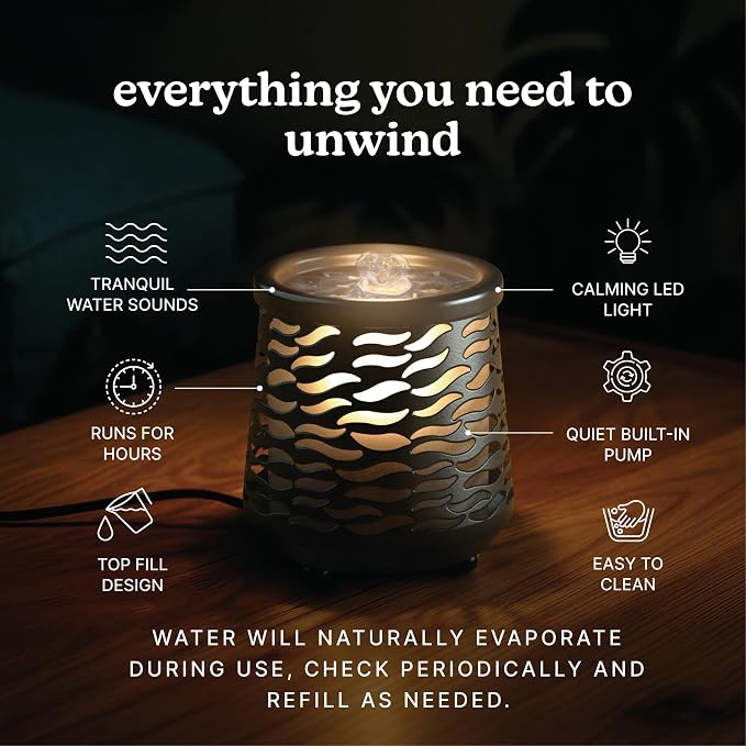 Homedics Indoor Relaxation Fountain with Light & Natural Sound, Tabletop Water Fountain for Home or Office, Small Indoor Water Fountain with Quiet Pump, Soothing Zen Desktop Decor (Black)