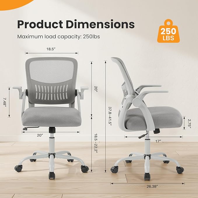 Sweetcrispy Home Office Managerial Executive Chair, Flip Up Armrest Ergonomic Mesh Adjustable Swivel Mid-Back Computer Desk Chair with Comfortable Lumbar Support, Comfy Arms for Bedroom,Study