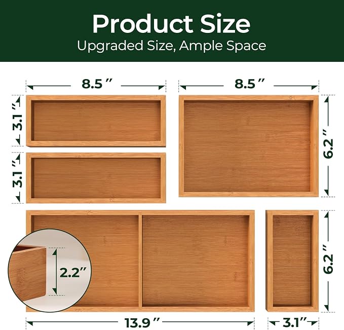 keechee 5-Piece Bamboo Drawer Organizer Set, 2.2" Deep Multi-Use Organizers for Utensils, Silverware, Cutlery, Desk, Bathroom, Junk Drawer & Makeup, Non-Slip Feet Included.