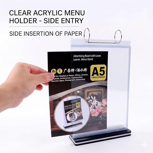 2Pcs Table Flip Menu Holder with 6 Pages Sleeve, 5.5" X 8.5" Tabletop Sign Signage Horizontal Display Stand with Base, Suction Cups, Paper Cutter, Rotating Binders Rack, for Photo, Bar, Job Fair