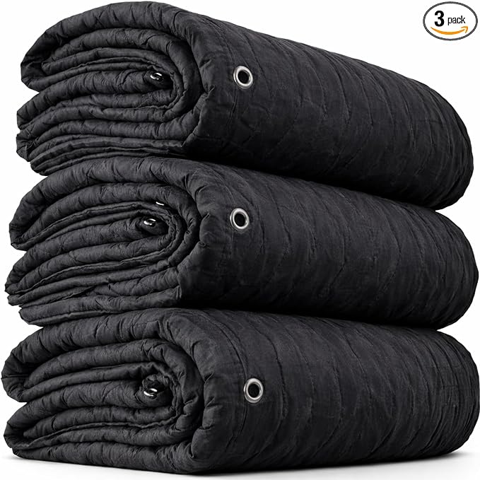 US Cargo Control 96" x 80" Extra Large Sound Dampening Blankets with Grommets (3-Pack), Light Blocking Acoustic Blankets for Wall Hanging and Studios, Machine Washable, 12LBS