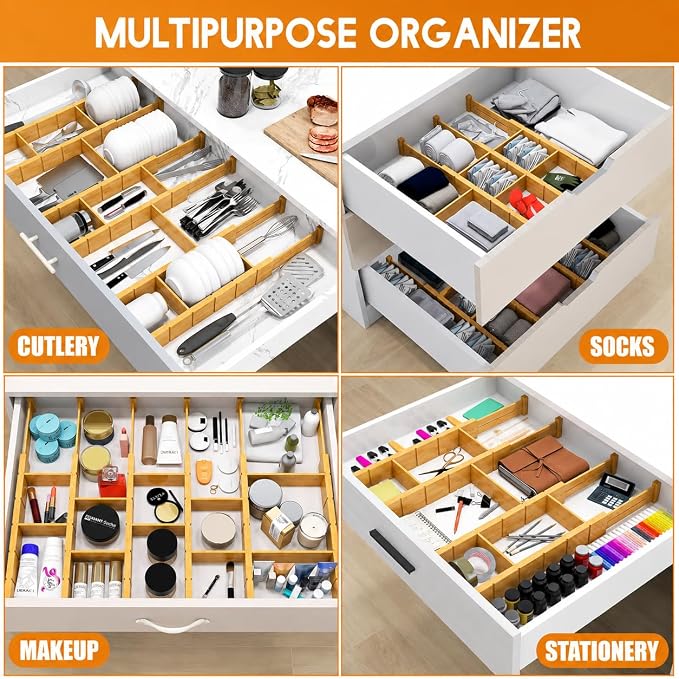 Expandable and Adjustable Bamboo Drawer Dividers with 12 Inserts, Kitchen Drawer Organizer