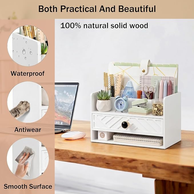 dreampossible white Wood Desk Organizer and Accessories with Drawer, Bill Mail Organizer and File Mail Holder for Office Supplies, Desk Accessories & Workspace Organizers for Desk Organization