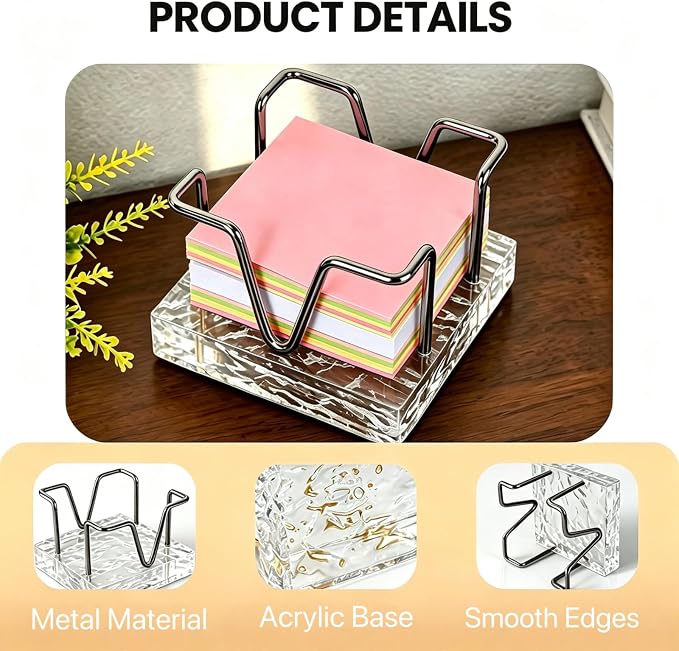 Sticky Note Holder, 3 x 3 inch Self Stick Note Pad Holder, Post It Note Dispenser Desk Accessories for School and Office Desk Organizer, Black & Clear Acrylic