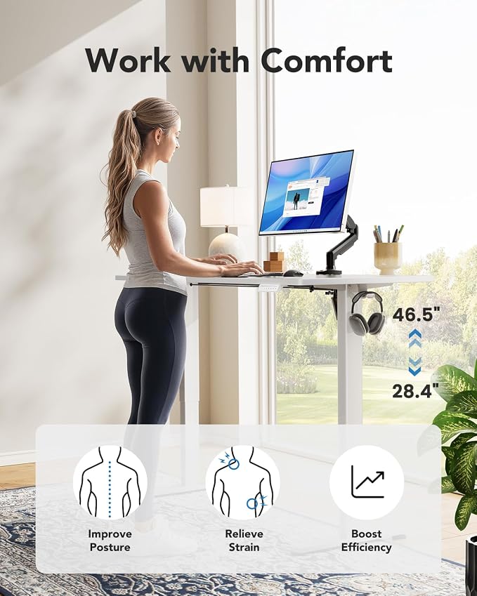 HUANUO Electric Standing Desk, Whole Piece Desktop, Adjustable Height Computer Desk, 4 Height Memory Settings, Sit Stand Up Desk for Home Office, 60" x 24", Light Vintage