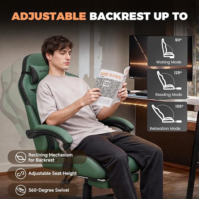 GTPLAYER Gaming Chair with Footrest, Ergonomic Office Chair 400lbs Heavy Duty, Big and Tall Computer Desk Chair with Lumbar Support and Headrest, Breathable Plush Fabric, 90-155° Recline Green