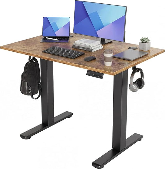 Claiks Electric Standing Desk 40x24 Inch Adjustable Desk, Rustic Brown | 156lbs weight capacity, 3 memory presets, industrial steel frame, cable management hub, adjustable height , easy assembly