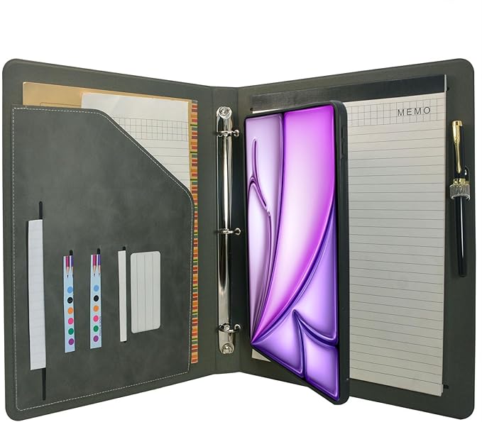 Tablet Organizer Portfolio Case with 3-Ring Binder, Binder Padfolio File Folder with Removable Tablet Holder, Compatible with iPad Air 11" M4/M3/M2 (2026/2025/2024), Gray