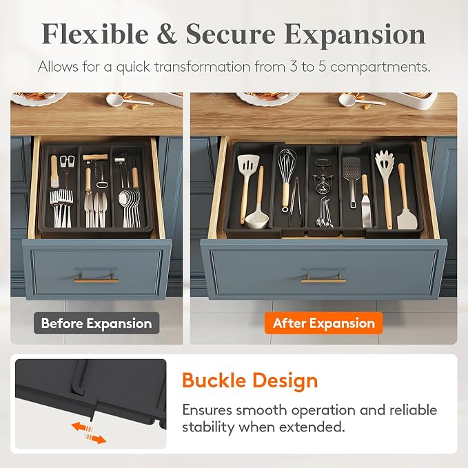 Lifewit Utensil Organizer, Expandable Kitchen Drawer Tray, Adjustable Cutlery and Cooking Utensil Holder, Black