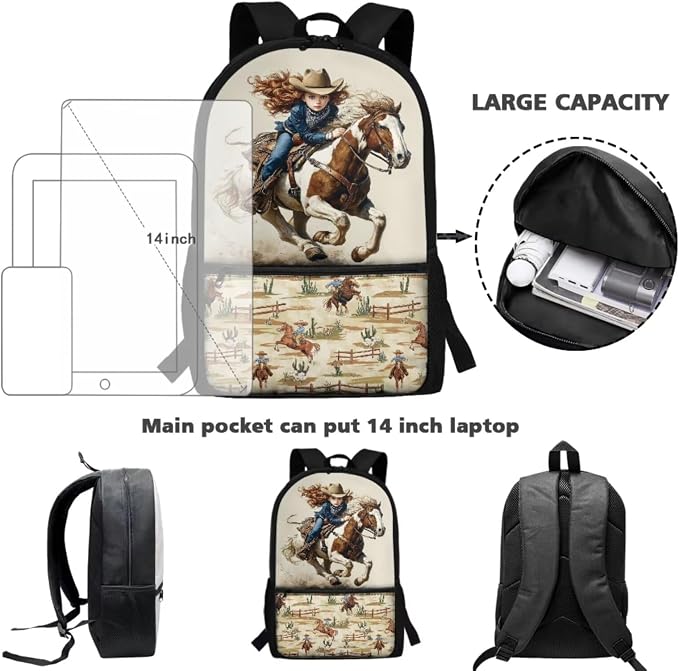 WELLFLYHOM Girls Western Cowgirl Backpack Set 6-8 Kids 4 Pcs Book Bag | Horse School Book Bag Lunch Box Pencil Case Water Bottle Sleeve Beige Elementary Daycare Bag for School Back to School Gift