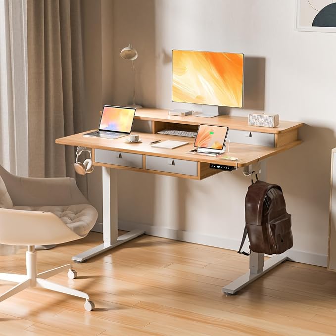 48 * 30 Inches Electric Standing Desk Adjustable Height with 4 Drawers, Double Storage Shelves Stand Up Desk, Home Office Workstation Sit Stand Desk (Nature)
