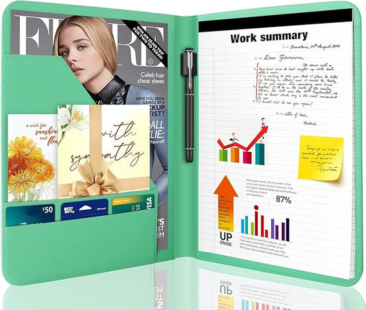 1 Pack Business Padfolio Portfolio Binder, Faux Leather Folio Folder, Resume Legal Document Organizer with Letter Size Writing Notepads (New Mint Green 1 Pack)