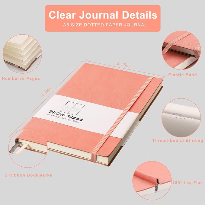 AHGXG Dotted Grid Journal 2 Pack - A5 Dot Grid Notebook Softcover, Medium 5.75'' × 8.38'', 320 Numbered Pages, 120gsm Thick Dotted Paper, Soft Leather Cover, Black Pink