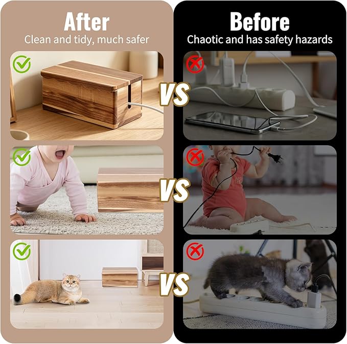 Large Cable Management Box Scalloped Edge, Acacia Wood Cable Organizer Box & Power Strip Box for Electrical Cord Management, Hide Desk Cord and Floor Cables, Wire Storage and Organization for Cords