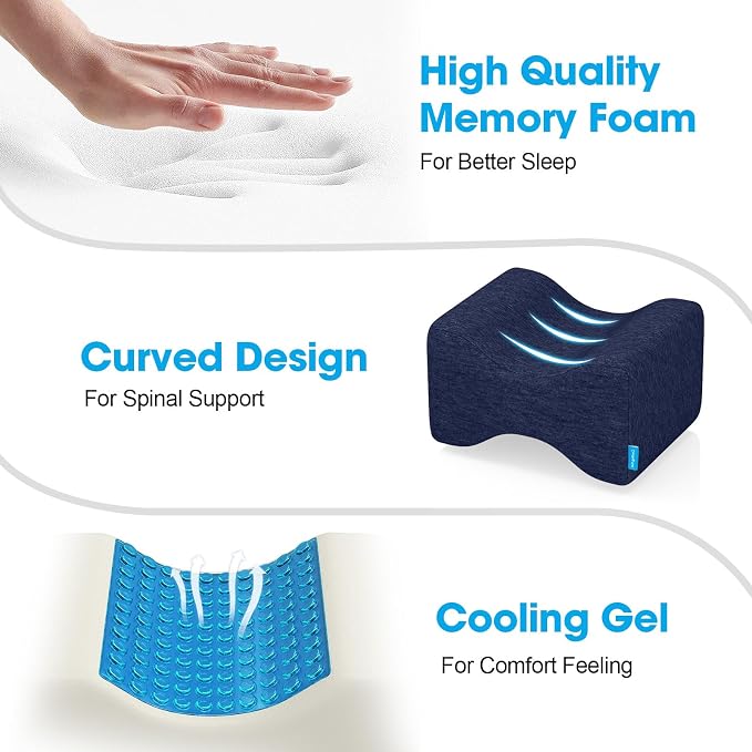 Knee Pillow for Side Sleepers with Cooling Gel, Memory Foam Elevation Pillow for Spine Aligning, Sciatica, Back, Hip, Knee, Ankle Pain, Blue/X-Large