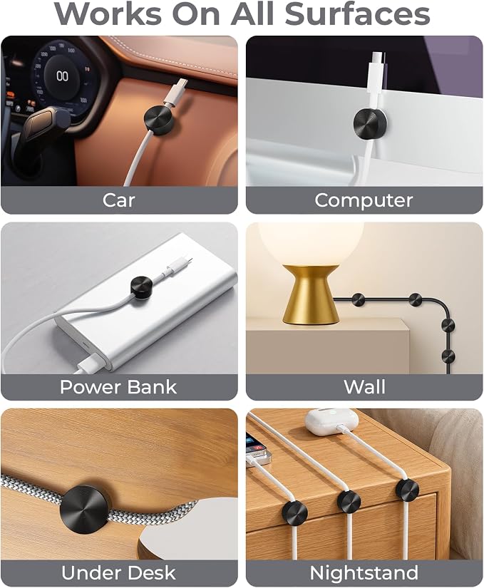 Magnetic Cord Holder Metal Black, Maveek Silicone Cable Clips Magnet Wire Management Cord Organizer for Bedside Table Office Desk Laptop Computer Charging Cables Outdoor Indoor (5 Piece)