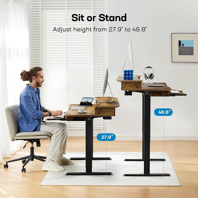 HUANUO 55" x 26" Electric Standing Desk, 2 Drawers & Keyboard Tray, Vintage | Ergonomic Desk with 2 Drawers: 27.9"-46.8" electric lifting. 26.7" keyboard tray & C-clamp mount top maximize workspace
