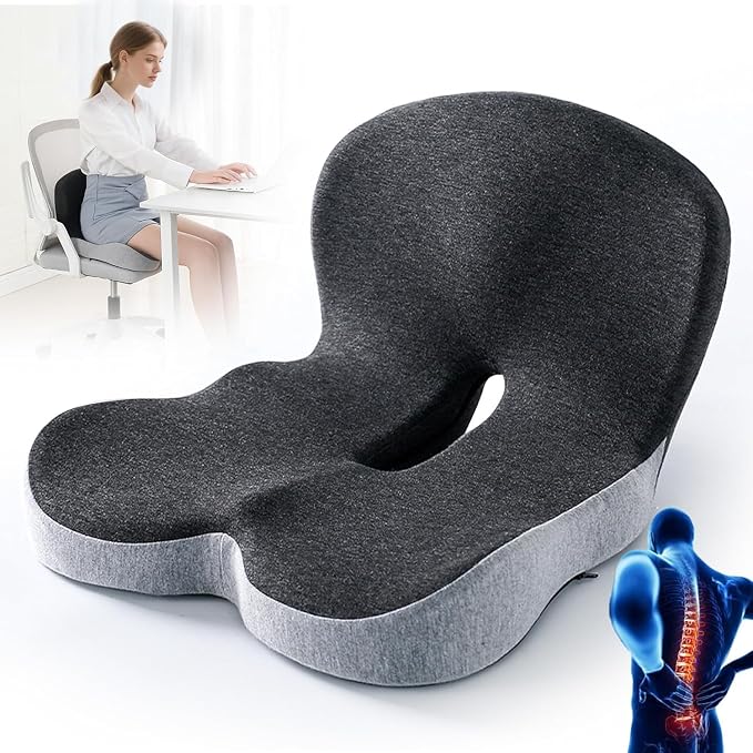 Memory Foam Seat Cushion with Lumbar Back Support, L-Shaped Integrated Ergonomic Coccyx Pad, Non-Slip Breathable Cushion for Comfort, Office Chair Car Wheelchair (Black+Gray)