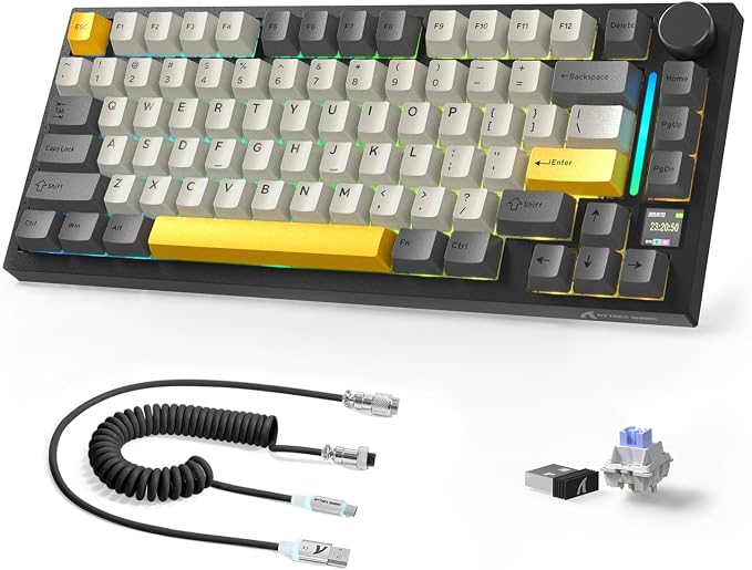 A.JAZZ Attack Shark X820Ultra 75% Wireless Mechanical Gaming Keyboard and Coiled Cable Hot Swappable 2.4GHz/Bluetooth/Wired Keyboard with Screen & Knob RGB Backlit Gasket Mount Shark Switch-Starblack