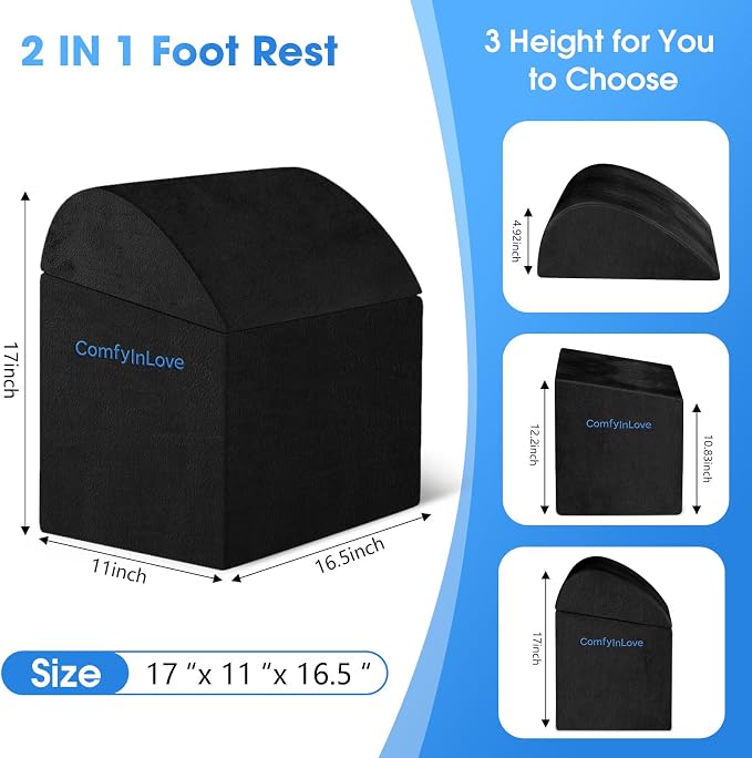 Foot Rest for Under Desk with 3 Heights, Foot Stool, Black | Memory foam adjustable footrest, Ergonomic leg elevation, Non-slip Bottom, Washable Cover, Desk Office Home Car Coach Bed