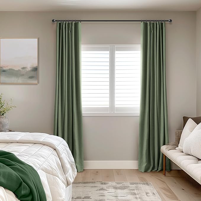 INOVADAY 100% Blackout Curtains for Bedroom, Moss Green Black Out Curtains 84 Inch Long, Clip Rings Linen Blackout Drapes, Thermal Insulated Room Darkening for Living Room, 2 Panels - W50xL84